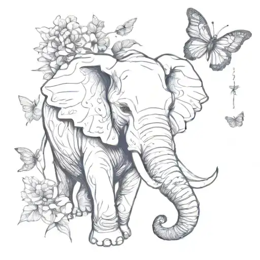 elephant head with butterflies and flowers growing tattoo design idea