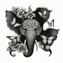 elephant face with butterflies and flowers growing tattoo design idea