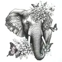 elephant face with butterflies and flowers growing tattoo design idea