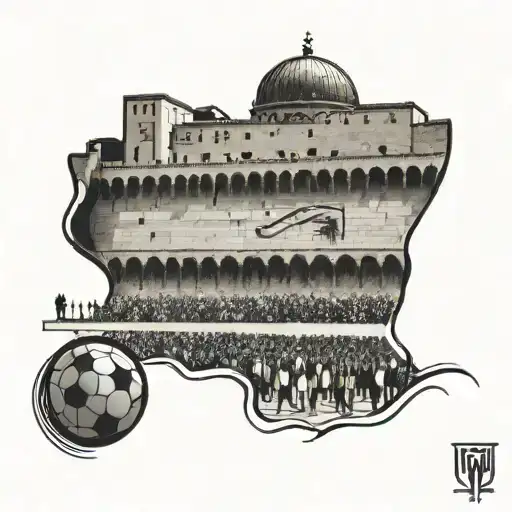 A silhouette of the Western Wall in Israel, with a football flying over it, combining the client's love for both football and Israel, in a black-grey style tattoo tattoo design idea