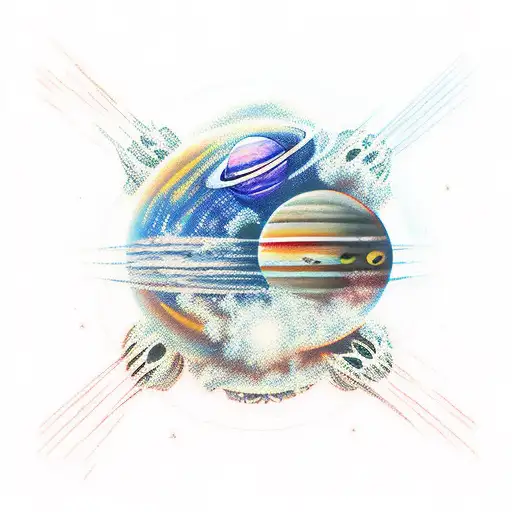 planets, space shipe, flames , sleeve , astronaut tattoo design idea