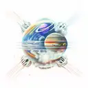 planets, space shipe, flames , sleeve , astronaut tattoo design idea