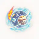 planets, space shipe, flames , sleeve , astronaut tattoo design idea