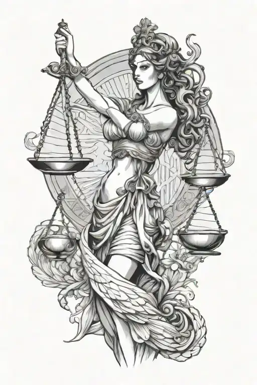 Goddess Themis standing with scales and bandage tattoo design idea