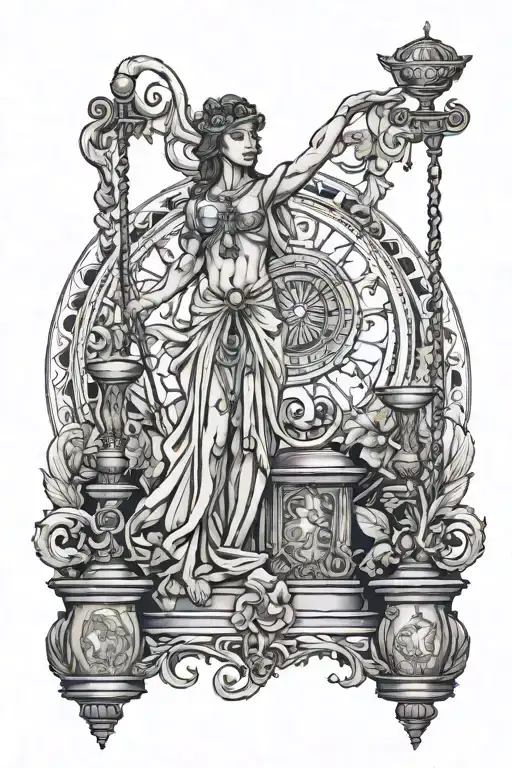 Goddess Themis standing with scales and bandage tattoo design idea