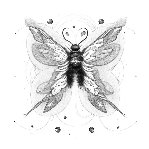 fluffy moth with large fluffy spread wings with fireflies around it and a moon tattoo design idea