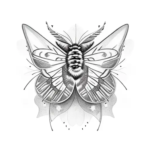 fluffy moth with large fluffy spread wings with fireflies around it tattoo design idea