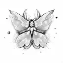 fluffy moth with large fluffy spread wings with fireflies around it and a moon tattoo design idea
