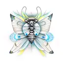 fluffy moth with large fluffy spread wings with fireflies around it tattoo design idea