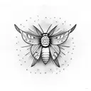 fluffy moth with large fluffy spread wings with fireflies around it tattoo design idea