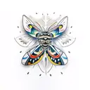 fluffy moth with large fluffy spread wings with fireflies around it tattoo design idea