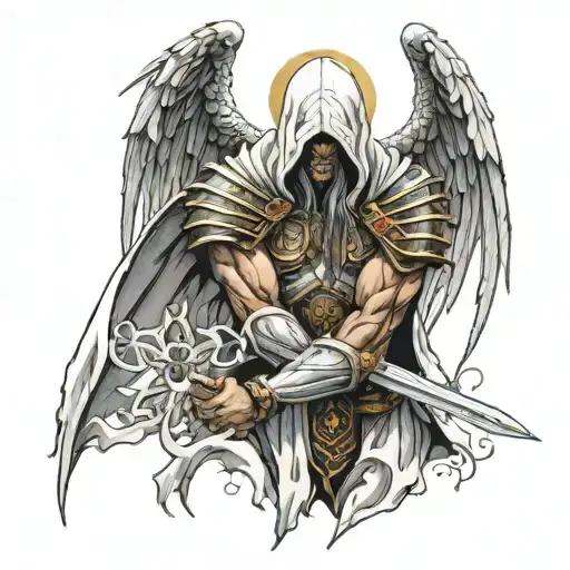 tyrael from D2 fighting off hooded figures with bible verse Psalm 23:4 ESV tattoo design idea