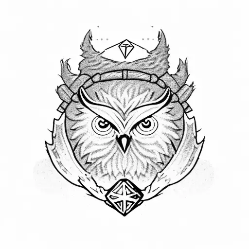 owlbear cub dressed as a rpg classe with a d20 dice tattoo design idea