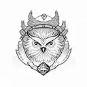 owlbear cub dressed as a rpg classe with a d20 dice tattoo design idea