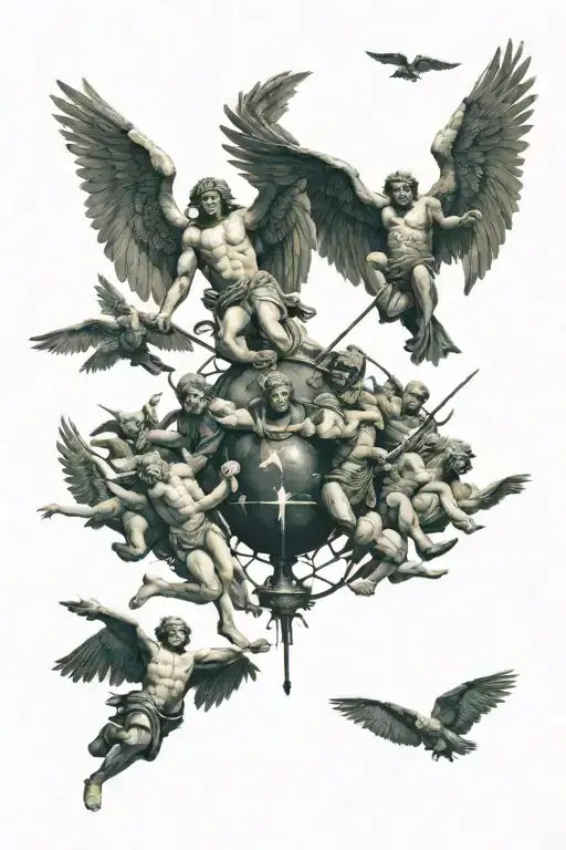At the top: Angels In the middle: Ordinary human life At the bottom: Demons preparing for war tattoo design idea