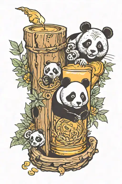 Candle shaped like a wooden log, engraved with a mouse, panda and whiskey glass. tattoo design idea