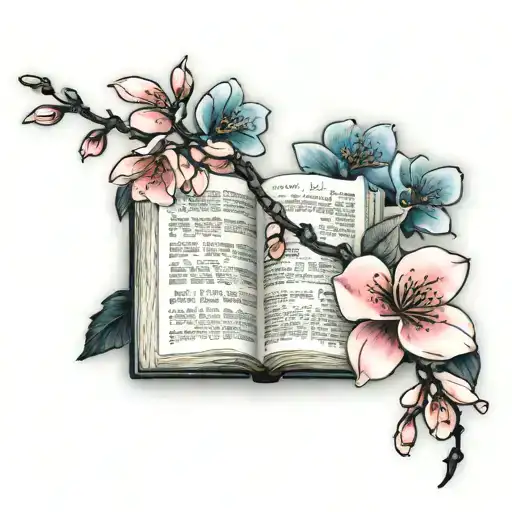 Bible and sakura flowers tattoo design idea