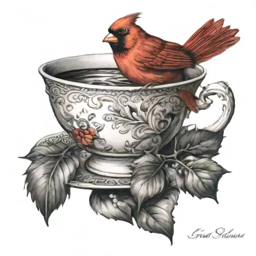 Red cardinal bird rested on the rim of a teacup tattoo design idea