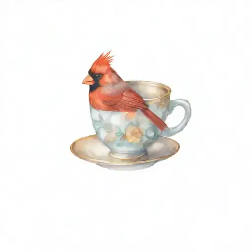 Red cardinal bird rested on the rim of a teacup tattoo design idea