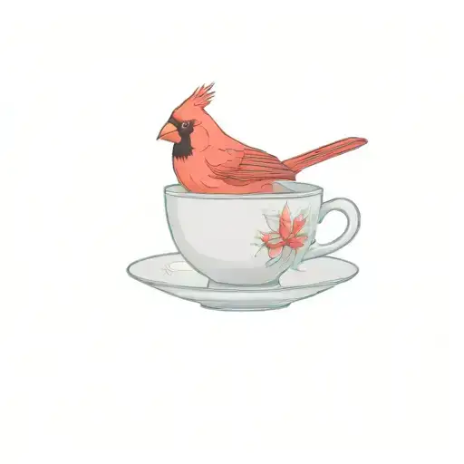 Red cardinal bird rested on the rim of a teacup tattoo design idea