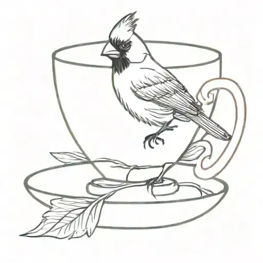 Red cardinal bird rested on the rim of a teacup to the left tattoo design idea