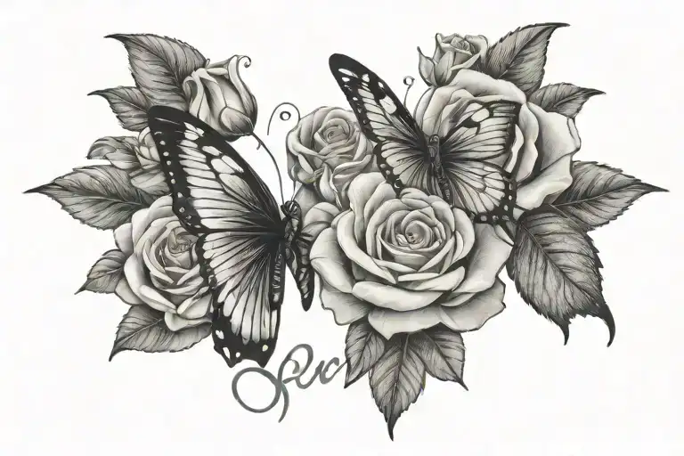 roses and butterfly with name Tyler  tattoo design idea