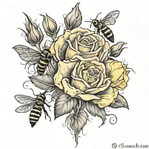 yellow rose Indian paintbrush flower and honey bees  tattoo design idea