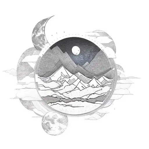 mountains forest and moon that are inside a vinyl record. ts the plate is held in the hand tattoo design idea