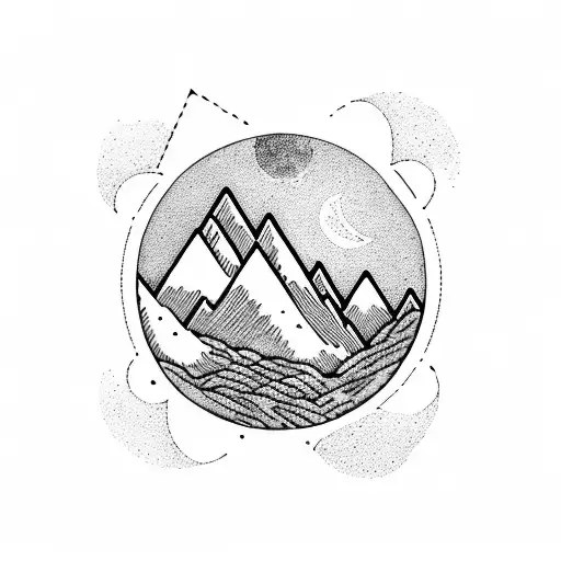 mountains with moon in circle like vinyl with gramophone arm tattoo design idea