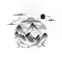 mountains with moon in circle like vinyl with gramophone arm tattoo design idea