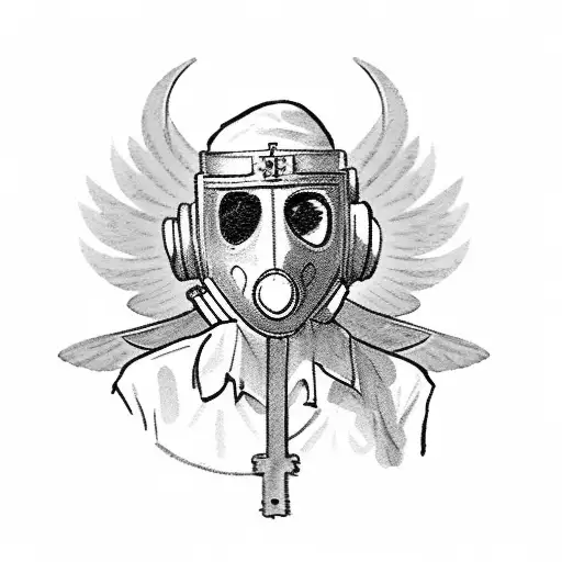 woman with newborn child in hands with gas mask, on the left armenian solder crashes enemy, like archangel michael crash tattoo design idea