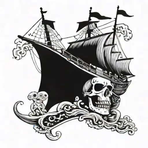 pirate ship in the sea over a hat of a pirate skull tattoo design idea