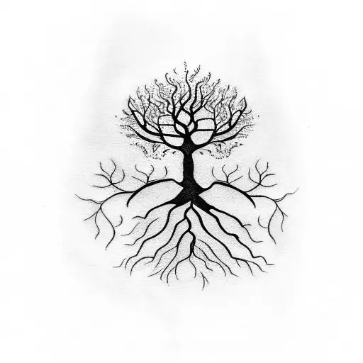 A blackwork tattoo depicting a tree with roots symbolizing family, with branches extending into different dance poses and musical notes tattoo design idea