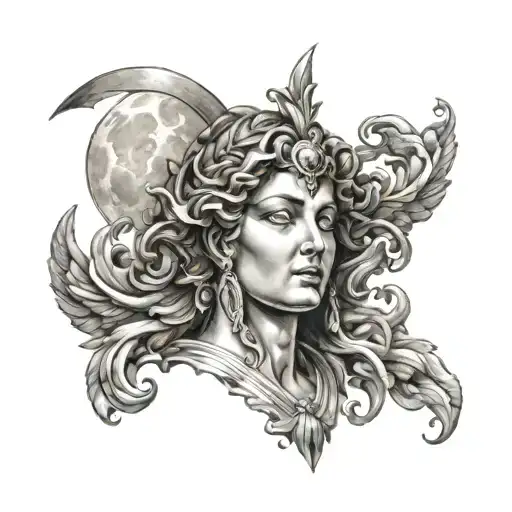 roman godess head moon inside tattoo design idea