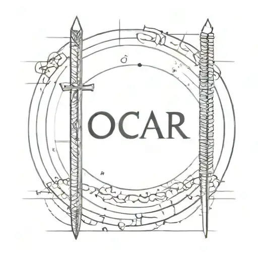 oscar with ogham alphabet. integrate date 18082023 and a divine spear. sleek design tattoo design idea