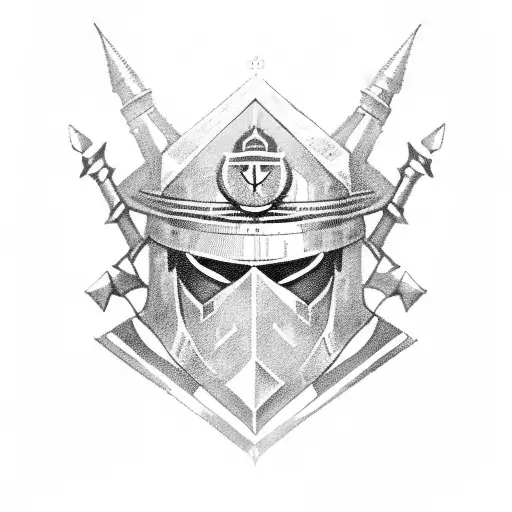 A unique and abstract design featuring the combination of a Templar knight's helmet and Saint Benedict's medal tattoo design idea