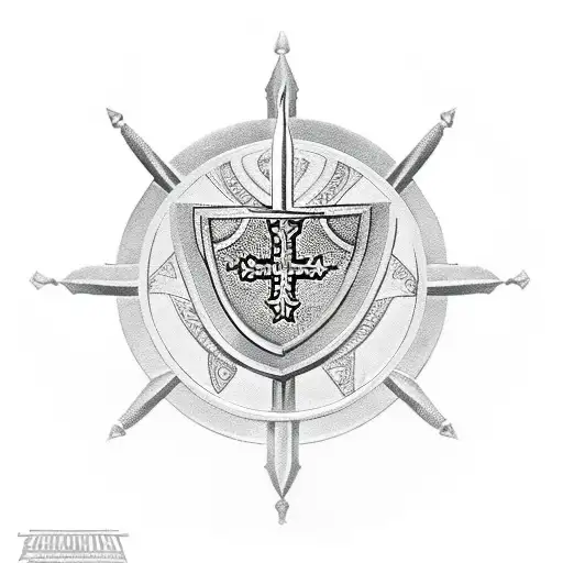 A detailed and intricate tattoo of a Templar knight holding a shield with the symbol of Saint Benedict's medal on it tattoo design idea