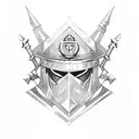 A unique and abstract design featuring the combination of a Templar knight's helmet and Saint Benedict's medal tattoo design idea