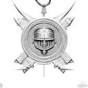 A unique and abstract design featuring the combination of a Templar knight's helmet and Saint Benedict's medal tattoo design idea