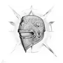 A unique and abstract design featuring the combination of a Templar knight's helmet and Saint Benedict's medal tattoo design idea
