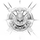 A unique and abstract design featuring the combination of a Templar knight's helmet and Saint Benedict's medal tattoo design idea