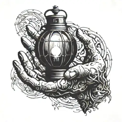 gothic horror hand reaching light orb lantern in the background tattoo design idea
