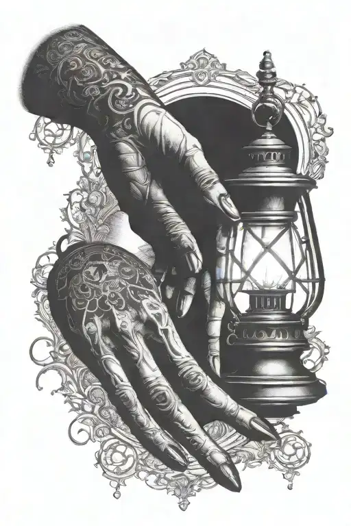 gothic horror hand reaching out to light orb lantern in background  tattoo design idea