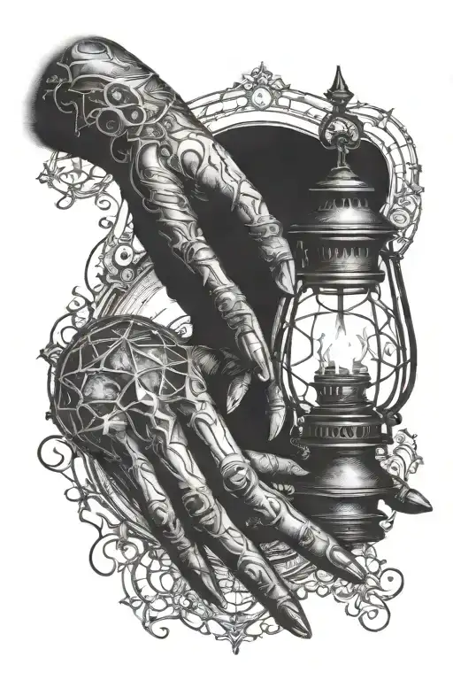 gothic horror hand reaching out to light orb lantern in background  tattoo design idea