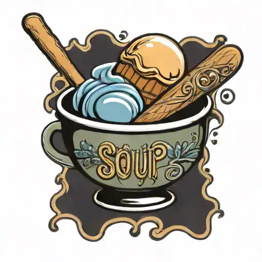ice cream in a soup bowl with banner that says "soup"  tattoo design idea