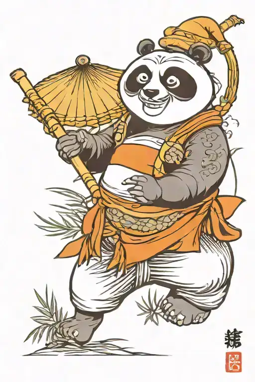 Kung fu panda staning on a bamboo cane with asian hat on  tattoo design idea