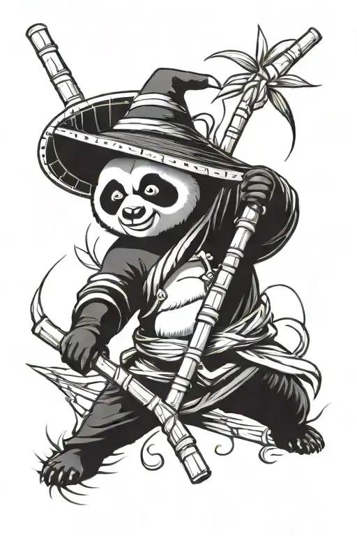 Kung fu panda staning on a bamboo cane with asian hat on  tattoo design idea