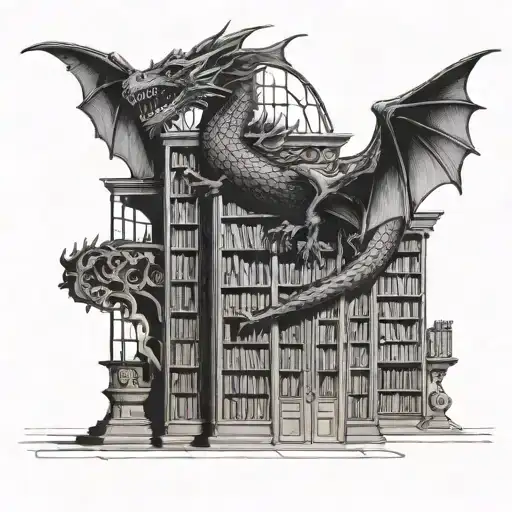An intricate design of a library with a dragon guarding the entrance, reflecting a love for books and mithologic creatures tattoo design idea