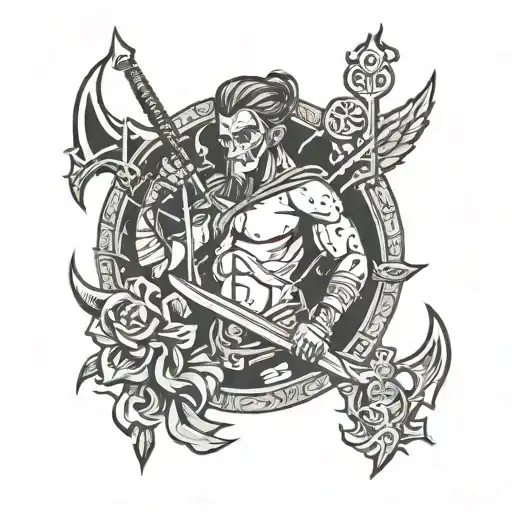 D with trident J with sword N with battle-axe A with bow and arrow descending order  tattoo design idea