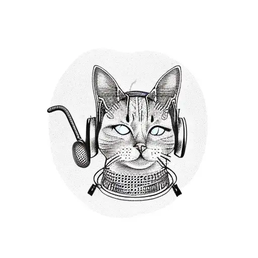 A dotwork tattoo of an cat wearing headphones, surrounded by camping gear like a tent, backpack, and campfire tattoo design idea